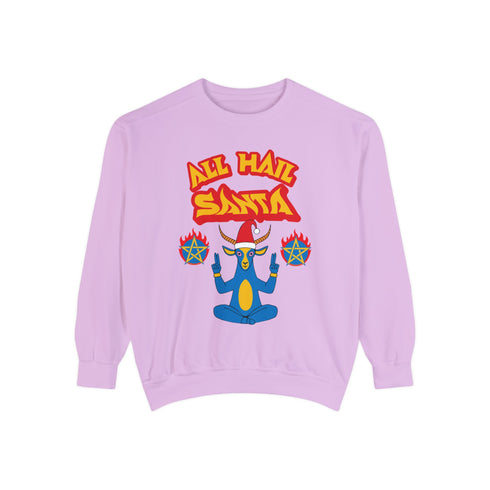 A Christmas sweatshirt featuring a playful design with a cartoon Baphomet goat character wearing a Santa hat. The design includes the text "All Hail Santa" above the goat, with pentagrams in flames on either side. The goat is depicted in a meditative pose, adding a humorous and irreverent twist to holiday attire.